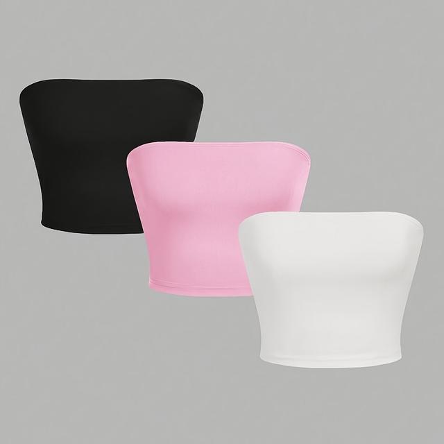 TEMU Zestaw 3-częściowy, jednokolorowy top bez rękawów, seksowny, z krótkim rękawem, z poliestru, bez wypełnienia, 200g/m², dla kobiet