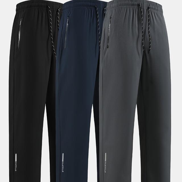 TEMU 3pcs Men's Casual Athletic Pants - Solid Color Drawstring Waist, Fit With Zipper Pockets, Available In Black, Navy Blue, Dark Gray. Sports, Fitness, And Everyday Wear
