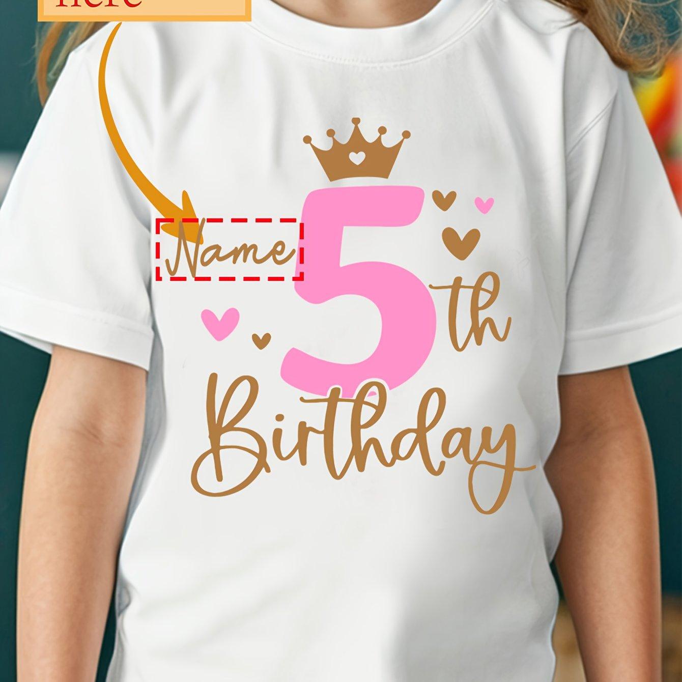 TEMU Girl's T-shirt Name Customization Fifth Birthday Letter Crown Pattern Printed Fashion Loose Round Neck Short Sleeve Top