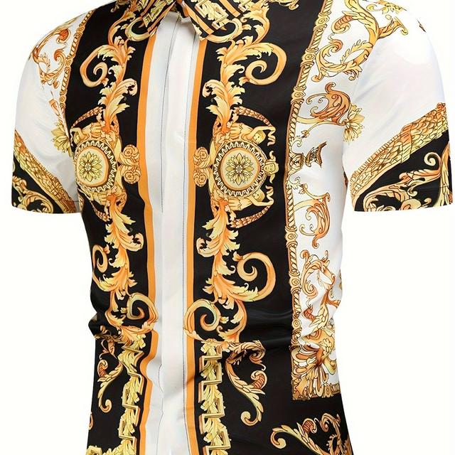 TEMU Herren Luxuriöses -Inspiriertes Druck Freizeithemd - Kurzarm, Knopfleiste, Polyester-Mischung, Schwarz & Gold mit Verzierenden Mustern, Ideal für Sommerausflüge, Dates & Strandveranstaltungen