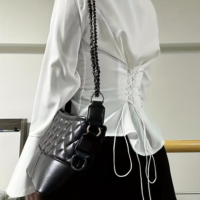 TEMU Women's Elegant Collar Blouse - Semi-sheer Button-front Shirt Jacket With Back Tie Closure, Short-to-long Sleeve Design, Machine Washable Versatile Top For Casual & Formal Wear (office/)