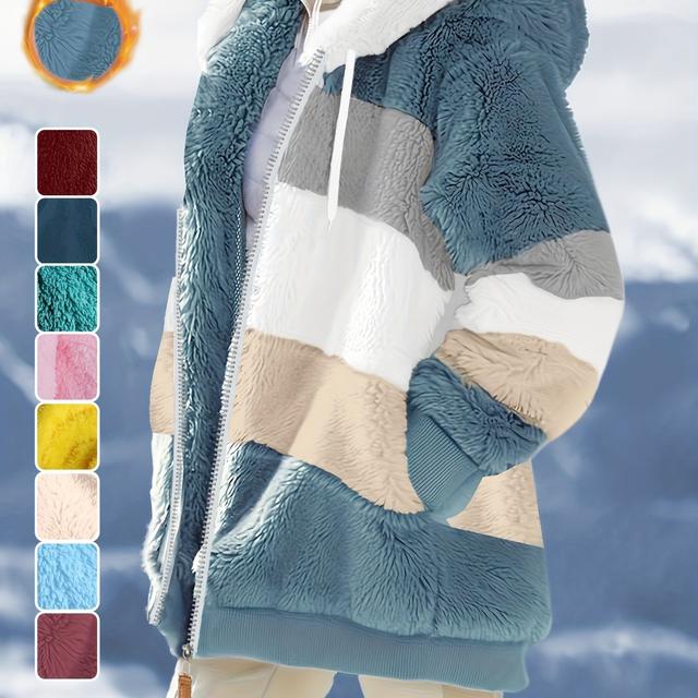 TEMU Warm Plush Zipper Pocket Hooded Loose Jacket For Women