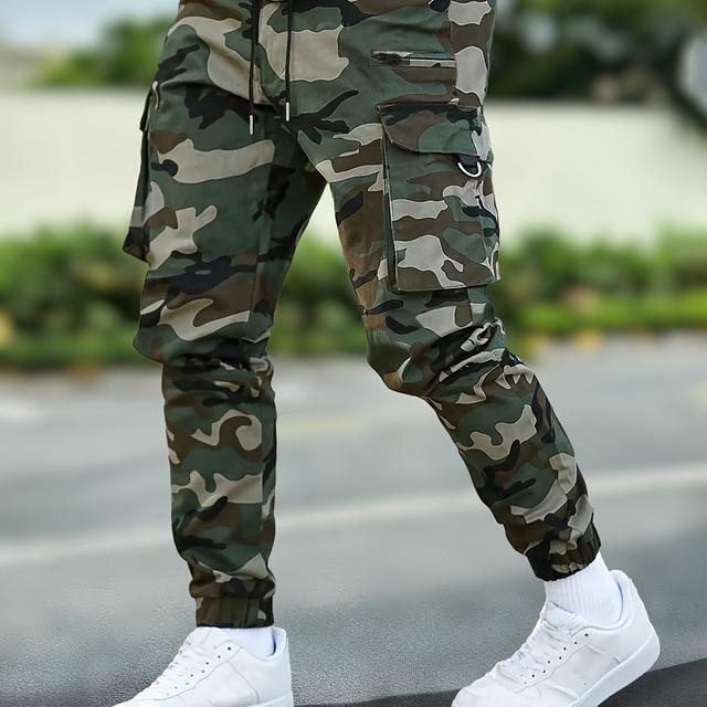 TEMU Herren-Camouflage-Print-Cargohosen mit Kordelzugbund und Klappentaschen, Strapazierfähiges Polyester, Maschinenwaschbar - Ideal für Outdoor-Aktivitäten, Camouflage-Hosen
