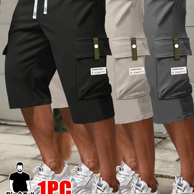TEMU Plus Size Men's Casual Cargo Shorts - Beige With Drawstring Waist, Multiple Pockets, Elastic Waistband, Lightweight & Breathable For Summer Outdoor & Sports Wear, Plus Size