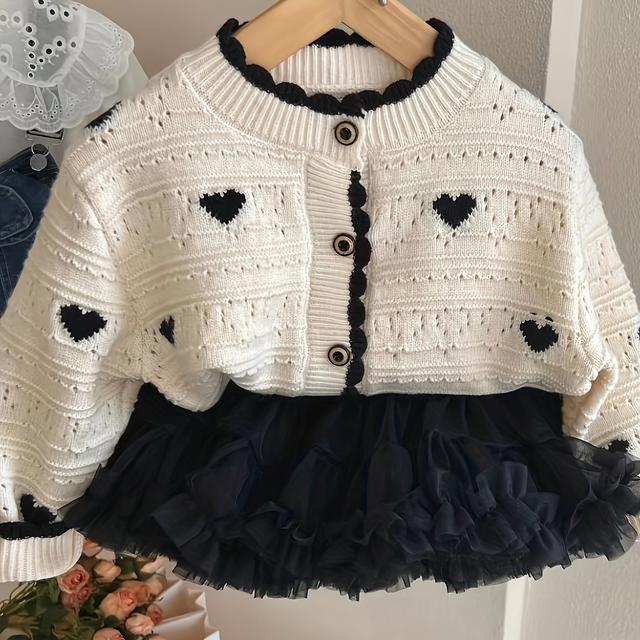 TEMU Crew-neck Hearts Contrast Knit Sweater For Girls, Comfy Button-up Long Sleeve Knit Jacket Spring/ Fall Clothing