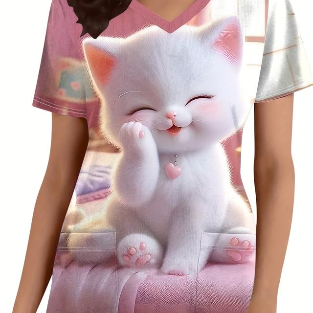 TEMU Women's Cute Cat Print V-neck Scrub Top With Pockets - Breathable Short Sleeve Nurse Uniform, Casual Workwear, Machine Washable Cartoon Kitten Design, Staff Attire, Nurse Outfit,