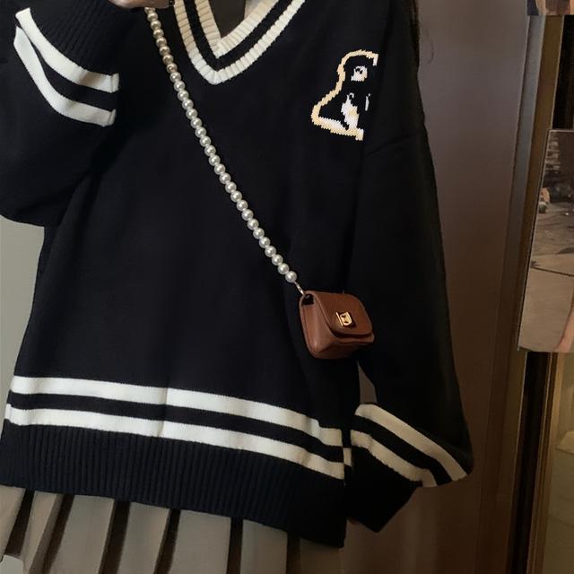 TEMU 【商品名】レディース ヴィンテージ カレッジスタイル カーディガン - オーバーサイズ Vネック セーター ジャケット、チェック柄＆レタープリント、グリーンカラーブロック、ルーズフィット、秋/冬向け、カジュアルな着回しに、カジュアルな服装＆テーマイベントに（JKレターデザイン）