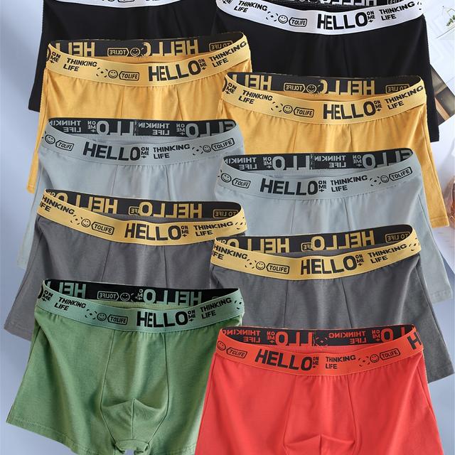 TEMU Pack de 10 Boxers Homme - Tissu Respirant et Extensible, Couleur Unie avec Imprimé HELLO, Assortiment Multicolore pour & Sportif, Sous-vêtements Confortables, Élasticité Moyenne