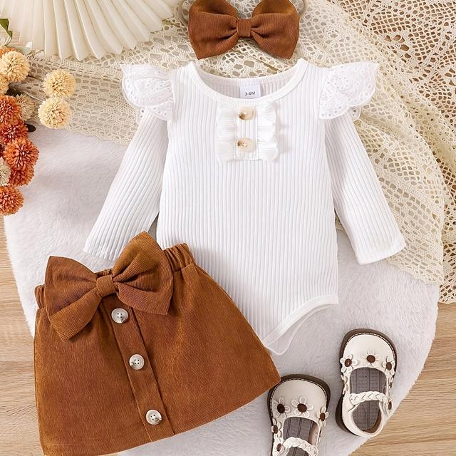 TEMU Set Of 2 Solid Color Long-sleeve Onesies With Button Decorations And A Skirt With Bow Embellishments, Including A Headband For Spring And Autumn, For Outdoor