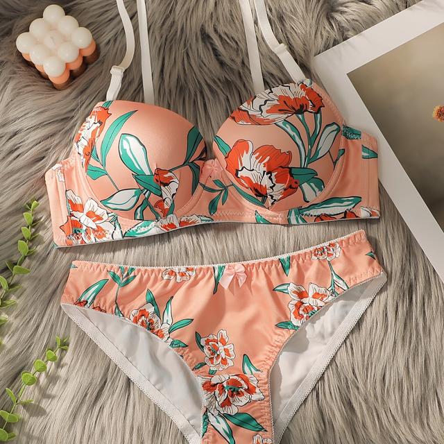 TEMU Un ensemble de lingerie imprimée élégant et sexy avec armatures et un design à nœud pour une meilleure soutien.