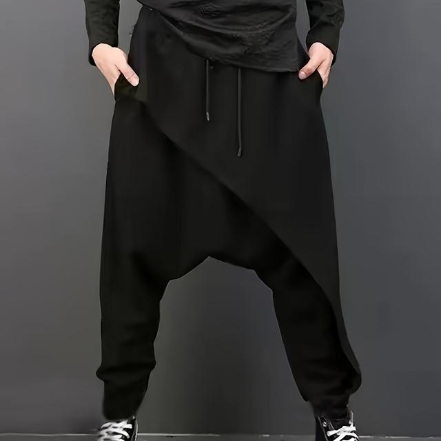 TEMU Men's High-waisted Harem Pants - Loose Fit, Elastic Waistband With Drawstring, Dark Color, Casual Streetwear Style, Perfect For Spring & Fall, Comfortable And Stylish, High Waisted Pants