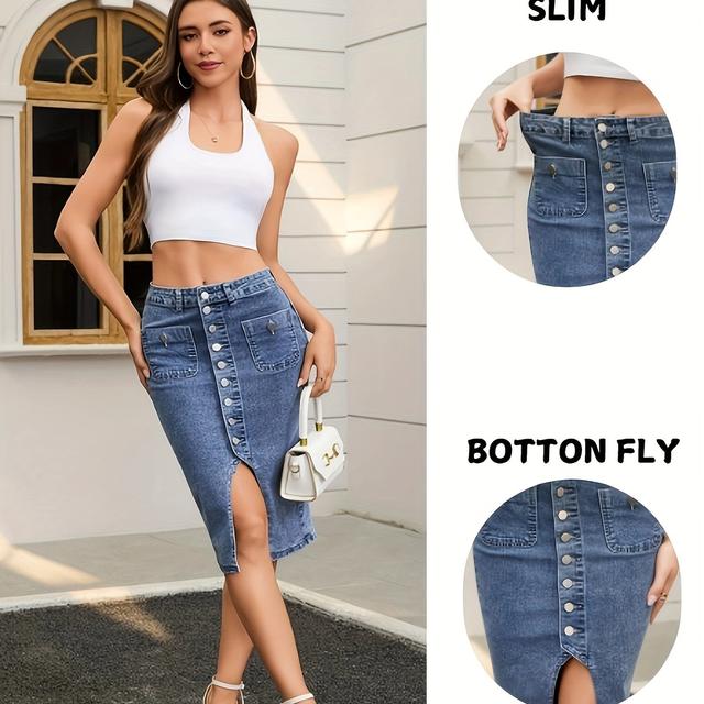 TEMU XL8127# Damen-Denimrock, gewaschener mittelblauer Denim-Rock, Damen-Breasted-Denimrock, lässiger Ausflug