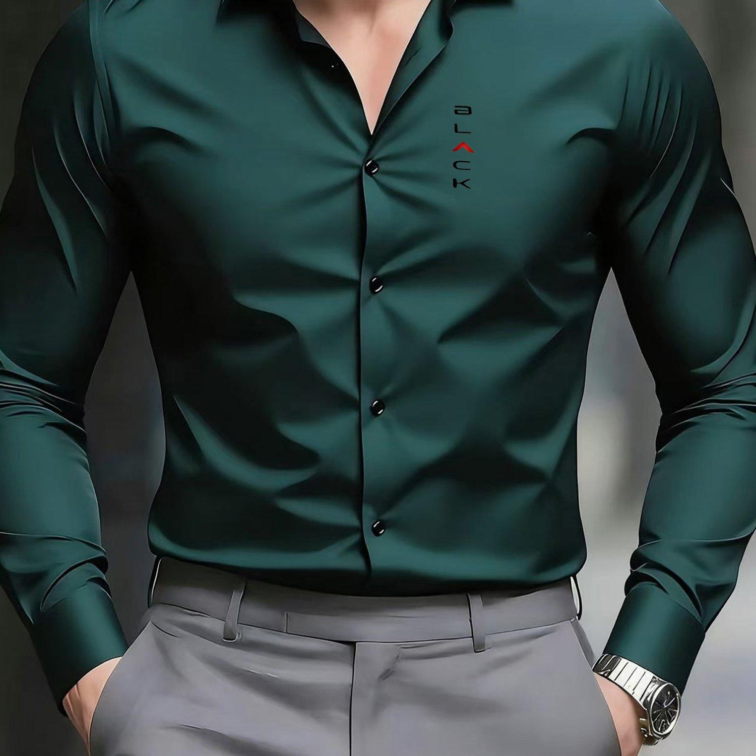 TEMU Camisa de manga larga para hombre, con estampado negro, estilo casual de negocios, sin , resistente a las , corte ajustado, camisa formal profesional para y otoño