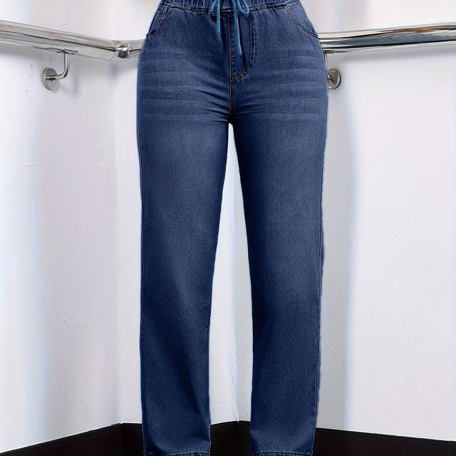 TEMU Dámské džíny s gumičkou v pase, pratelný styl, jednobarevné, volnočasové džínové kalhoty a oblečení