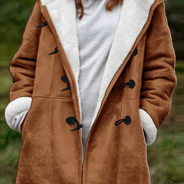 TEMU Women's Casual Fleece-lined Hooded Jacket With Side Pockets - Brown Long Sleeve Outerwear, Snap Button Closure, Versatile Style For Fall/winter, , Seasonal Fashion, Durable Fabric