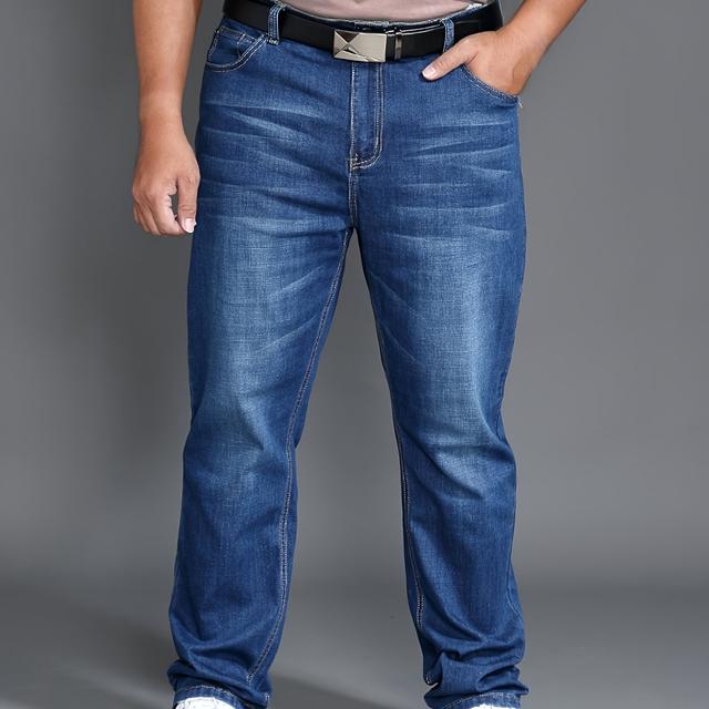 TEMU Plus Size Men's Regular Stretch Jeans, High-quality Wear-resistant, Warm, And Washed Denim