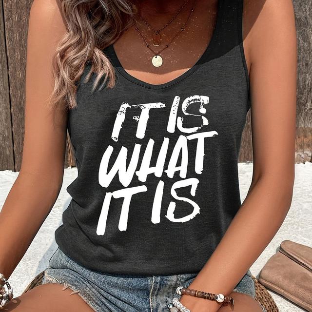 TEMU Letter Print Crew Neck Tank Top, Casual Sleeveless Top For , Women's Clothing