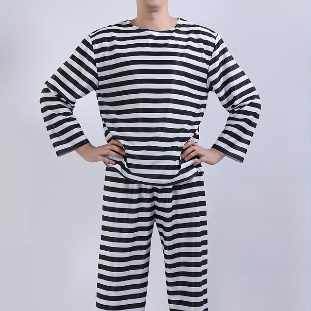 TEMU Pruhovaný Kostýmový Set pro Dospělé - Polyester, Netahavá Látka, Kulatý Výstřih, Geometrický , Party Styl, Ruční Praní, Kostýmy pro Dospělé