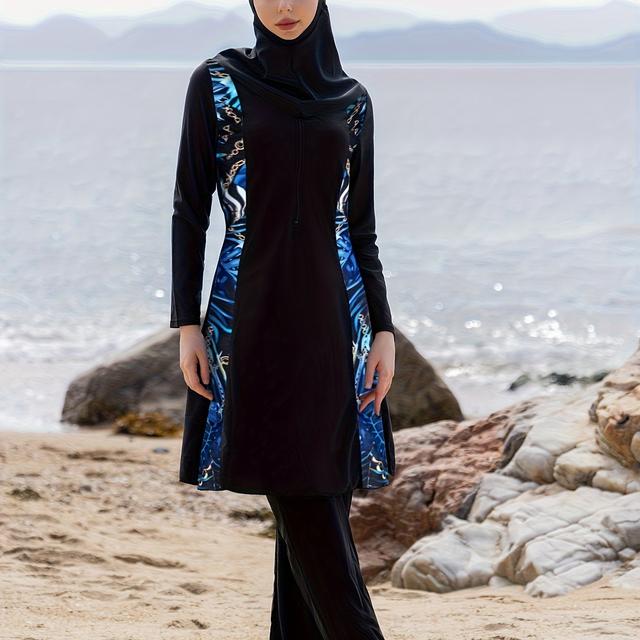 TEMU Orientale Ramadan Langarmhosen-Dreiteiliges Set Damen Blumenmuster Konservativer Bikini Badeanzug Sommer Strandbekleidung