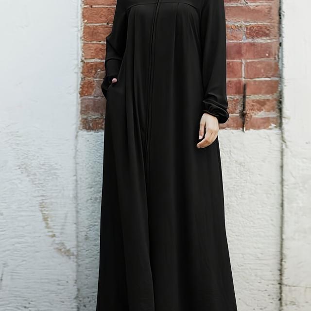 TEMU Black Long-sleeve Dress With A Relaxed Fit, Featuring A Directional Collar And Zippered Pockets