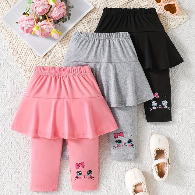 TEMU Schlankes Freizeit-Siebensegment-Rockhosen-Set für junge Mädchen mit Katzenmusterdruck, Sommer-Set von 3 Stück, Geschenk für Tochter