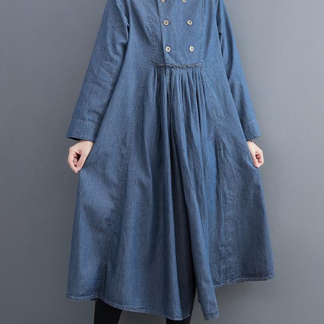 TEMU Japanese-style Double-breasted Dress Denim Pleated Long Skirt