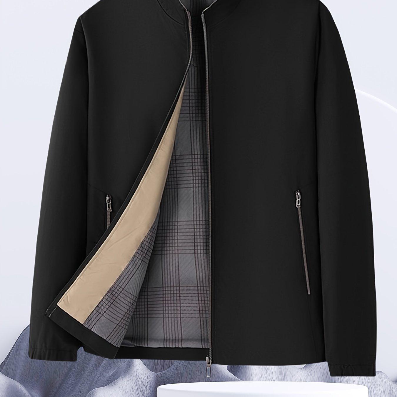 TEMU Chaqueta casual de hombre para primavera y otoño con cuello alto, color liso y bolsillos con cremallera para diario