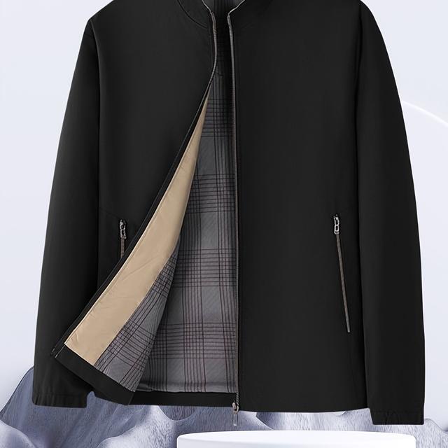 TEMU Chaqueta casual de hombre para primavera y otoño con cuello alto, color liso y bolsillos con cremallera para diario