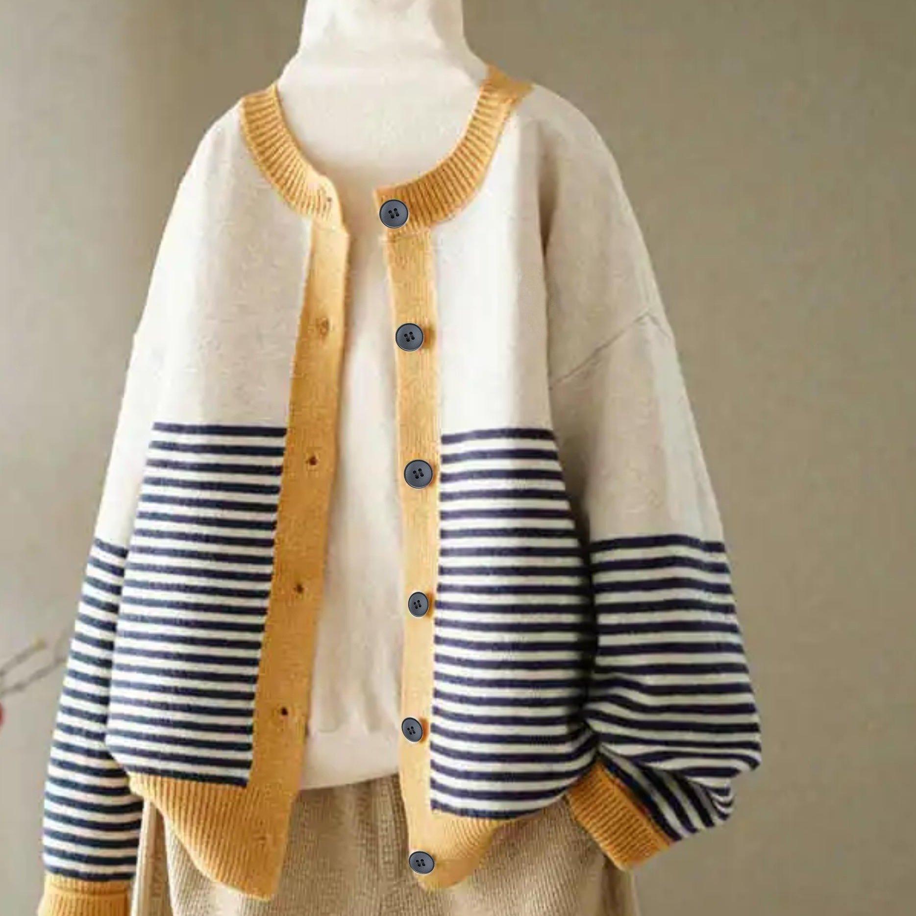 TEMU Plus Size, Egg Roll ; Round Neck Striped Open Front Long Sleeve Sweater