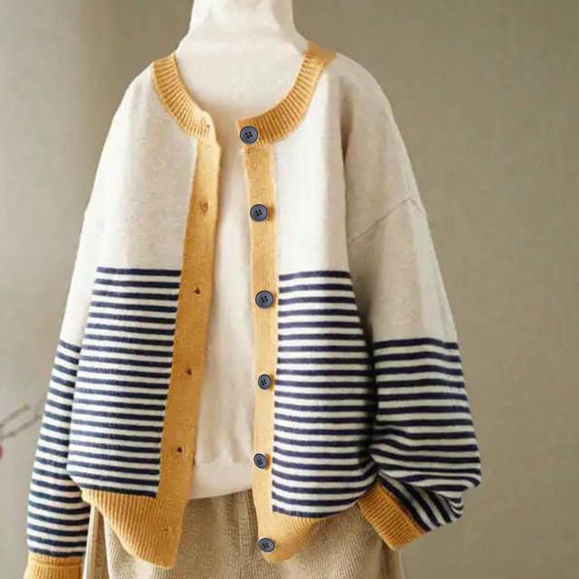 TEMU Plus Size, Egg Roll ; Round Neck Striped Open Front Long Sleeve Sweater