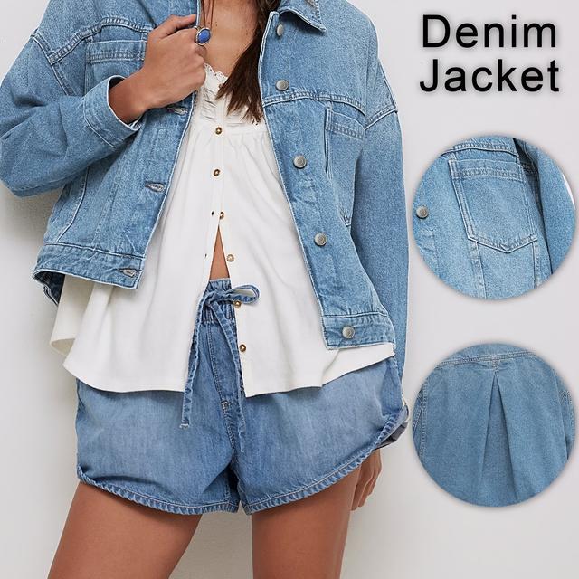 TEMU M25736*Y2K توب دينيم أزرق فاتح مغسول - ملابس شارع رجعية من التسعينات للنساء، جاكيت كاجوال فضفاض بتصميم ممزق، جمالية جرانج عصرية