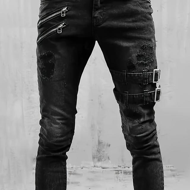 TEMU Men's Skinny Jeans - Stretch Skinny With Zipper Accents, Non-see-through Dark Washed Jeans For Everyday & Formal Outfits - Skinny Pants For Adult Men