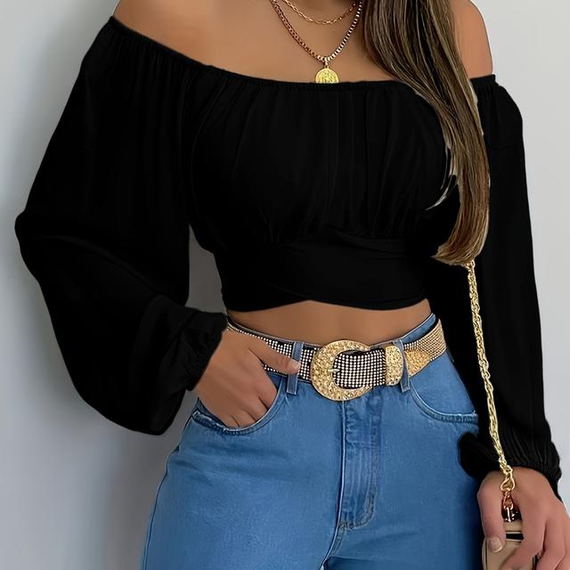 TEMU -Bindung Weste, Casual Off-Shoulder Langarm Top, Damenmode, Niedlich/Süß/Y2K-Stil