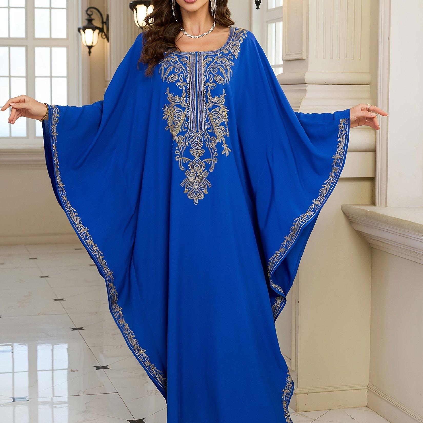TEMU Plus Size - Plus Size - Edolynsa Embroidery Square Neck Long Sleeve Elegant And Elegant Long Dress Ramadan Party Fashion Middle Eastern Robe Casual Beach Vacation Kaftan Cover Up Q1783