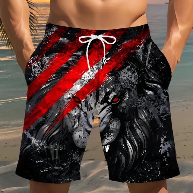 TEMU Men's Quick-dry Breathable Swim Trunks With Lion 3d Print - Loose Fit Beach Shorts For Swimming, Surfing & Vacation, Casual Comfortable Swimwear With Drawstring Waist, Bathing Suits, Strap