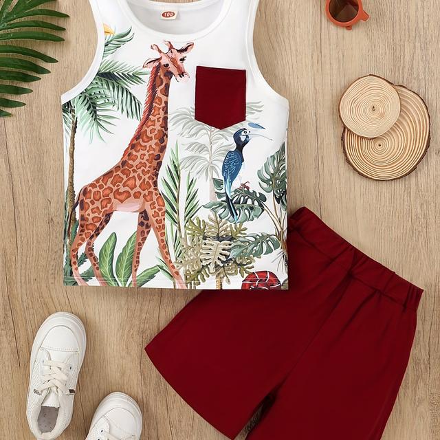 TEMU Conjunto para Niños: Chaleco con Estampado Tropical + Shorts de Color Sólido, 2 Piezas, Ideal para Exteriores