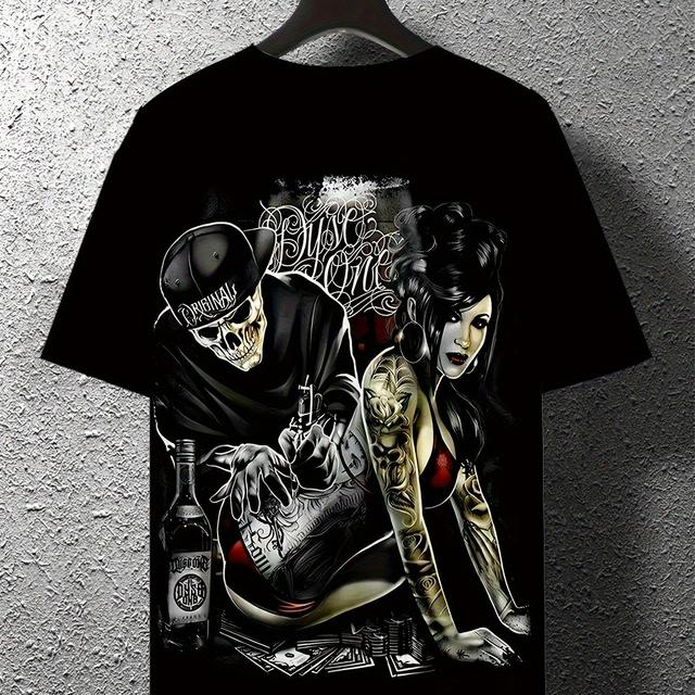 TEMU Men's Plus Size Graphic T-shirt - Skull, Motorcycle & Tattoo Design, Black Casual Short Sleeve Tee, Sporty Streetwear | Print Tee | Non-transparent Material, Plus Size Tee, Plus Size