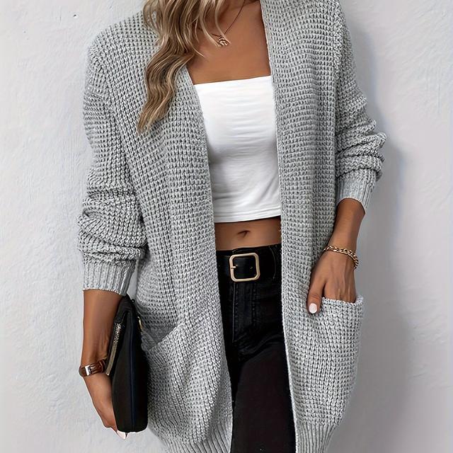 TEMU Solid Color Open Front Knit Cardigan, Casual Mid Length Long Sleeve Cardigan With Pocket, Women's Clothing