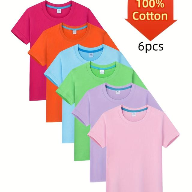 TEMU Set mit 6 Kurzarm-T-Shirts für Jungen und Mädchen, hergestellt aus 100% reiner, gekämmter Baumwolle für alle Jahreszeiten, geeignet für Outdoor-Sportarten, weich und atmungsaktiv.