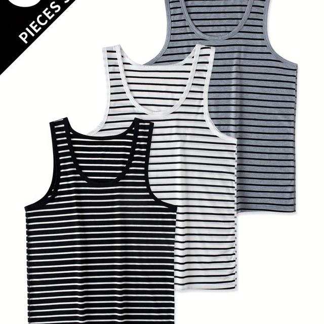 TEMU 3pcs Set Men's Vest Fitness Hurdle Casual Sports Breathable Sweatshirt Striped Print Vest Sleeveless Round Neck Top