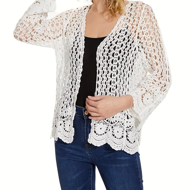 TEMU Chaqueta de mujer bordada con abierto, larga, tejido de ganchillo hueco, abrigo protector solar, ropa de mujer estilo bohemio