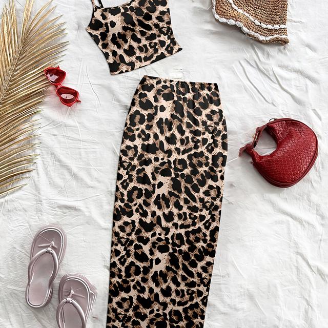 TEMU Women's Spring/summer New Boho Vacation & Resort Artistic Print 2pcs Set Side Slit Lightweight Crop Top And Maxi Skirt