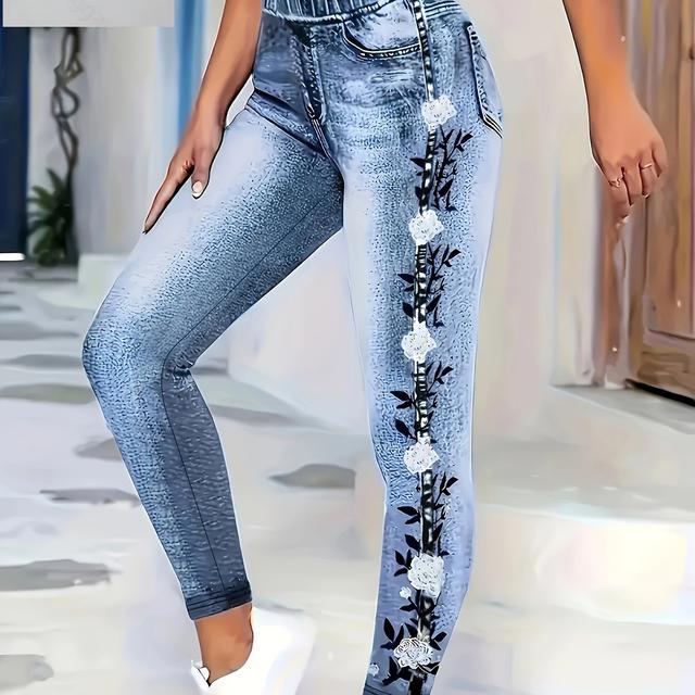 TEMU Plus Size, [Bedruckte Hosen - Kein Denim-Stoff] Plus Size Damen Imitat-Denim-Druck Stretch Casual Leggings