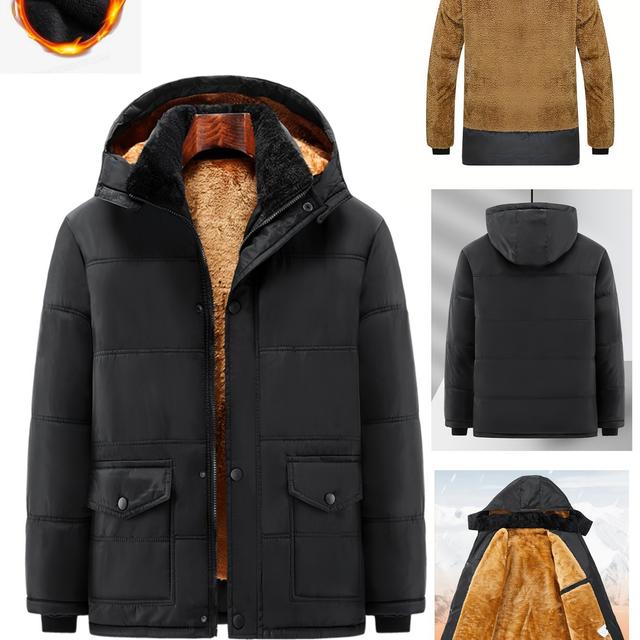 TEMU Men's Casual Comfy Hooded Winter, Solid Color, Polyester Fiber, Long Sleeve, Regular Fit, Woven, Windproof Warmth With Pockets - Autumn/winter Coat