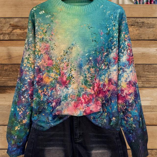 TEMU Plus Size Women's Thick Sweater - Oil Painting Aurora Print, Vibrant Color , Cozy Winter Casual Crewneck Long Sleeve Pullover, Sweater, Winter Pullover, Artistic Fashion, Textured Fabric