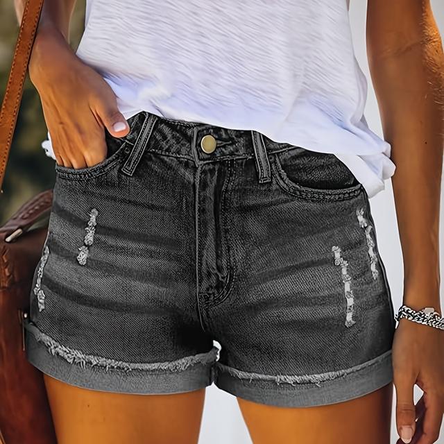 TEMU Damen Stretch Denim Shorts mit Stickerei und Rips, hochgeschoben