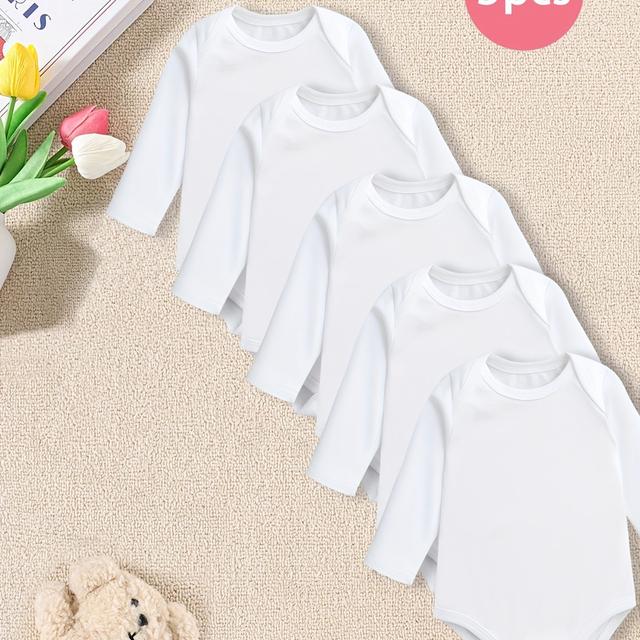 TEMU 5-teiliges Set Herbst-Winter Mädchen Baumwoll-Langarm-Strampler, Weicher Bequemer , Einfarbig, Perfektes Geschenk für Babys, Ideal für Draußen