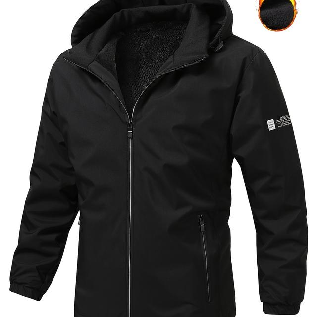 TEMU Men's Stylish Fleece-lined Warm Hooded Jacket With Zip Pockets, Thick Zip-up Coat In Black And Blue, A Gift For Your Husband For Autumn And Winter