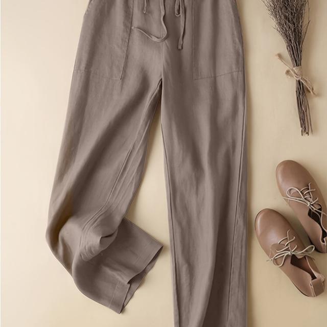 TEMU Plus Size Solid Pocket Straight Leg Pants, Casual Drawstring Elastic Waist Pants For , Women's Plus Size Clothing