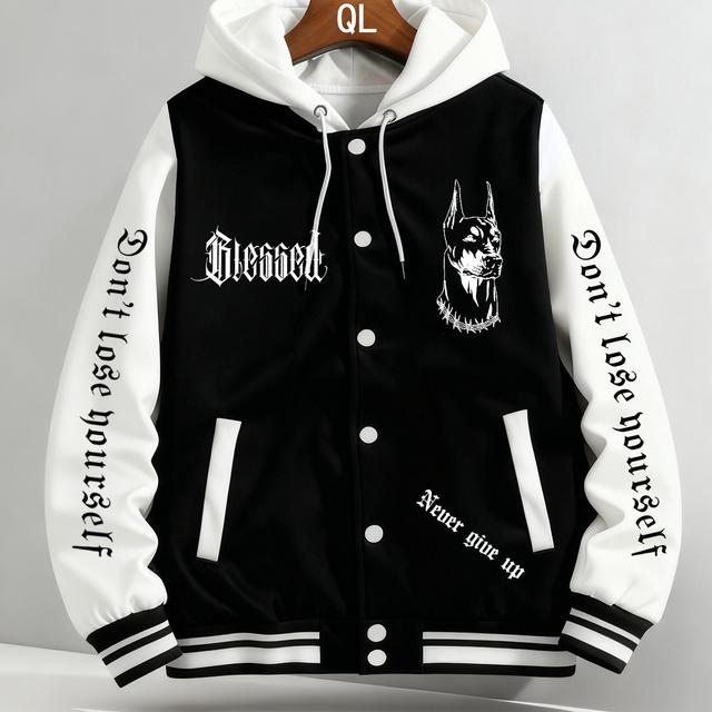 TEMU El de 2026 ha llegado - Chaqueta de béisbol con capucha y estampado temático de Doberman - Moda casual y moderna, - Cuello de béisbol, bolsillos - Perfecta para outfits de otoño e invierno